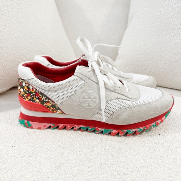 Tory Burch Festival Sawtooth Logo Trainer Sneaker suede cream red sz 8 - Picture 3 of 9